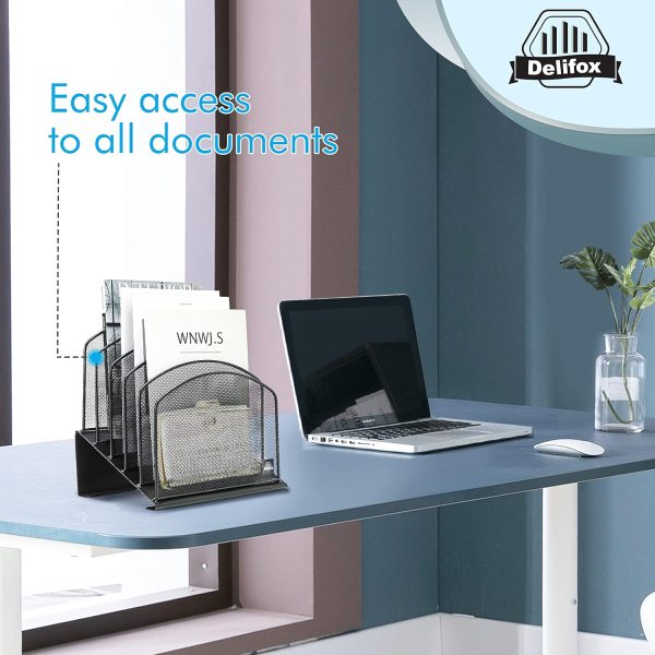 Inclined Desk File Organizer, 5-Section Vertical File Folder Holder Stand Metal Rack File Sorter for Office Classroom Desktop Organization (Black, 1Pack) - Image 5