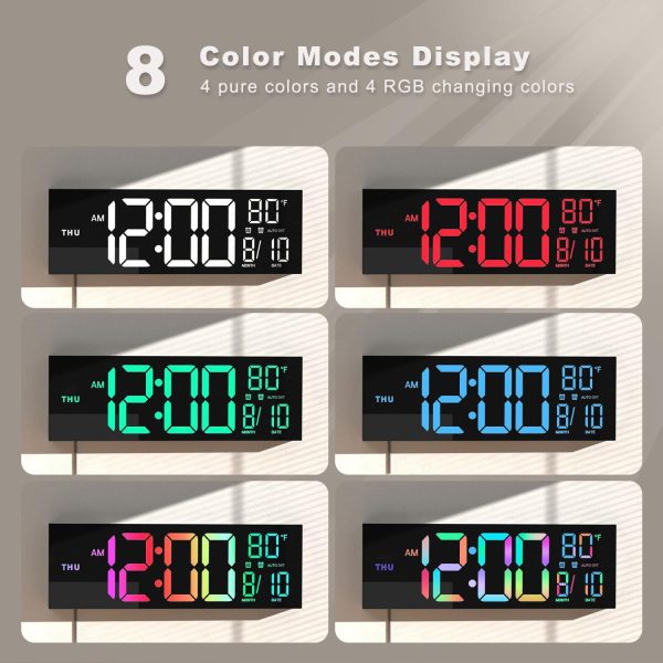 JALL 16" Large Digital Wall Clock with Remote Control, Dual Alarm with Big LED Screen Dispaly, 8 RGB Colors, Auto DST, Temperature for Living Room, Bedroom, Desk Decor, Mounted, Gift for Elderly - Image 3