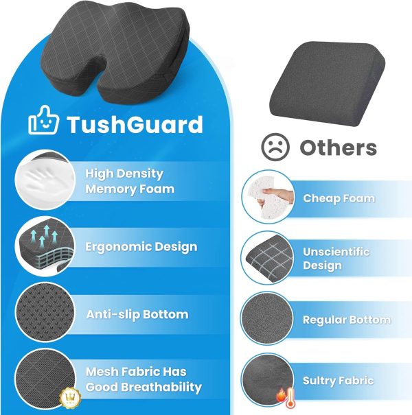 TushGuard Seat Cushion - Memory Foam Cushion for Office Chair, Car Seat, Airplane, Bleacher - Sciatica & Hip & Coccyx Pain Relief Desk Chair Cushion for Long Sitting Office Workers, Car Drivers - Image 6