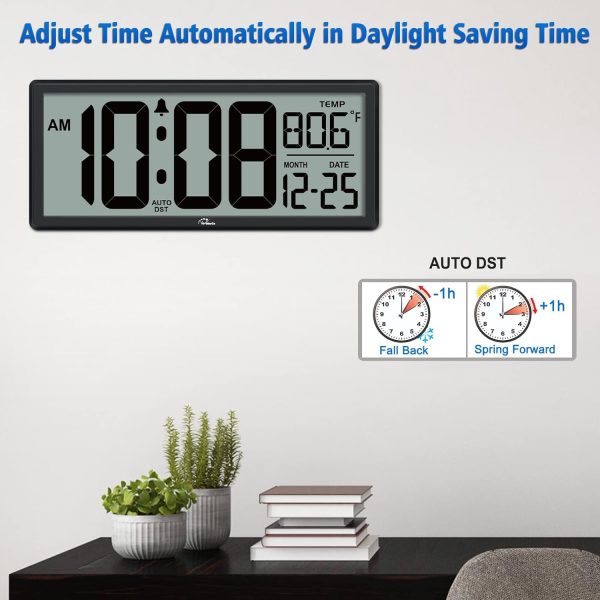 WallarGe 14.5'' Large Digital Wall Clock Battery Operated with Jumbo Numbers, Temperature and Date - Easy to Read and Set, Auto DST - Image 3