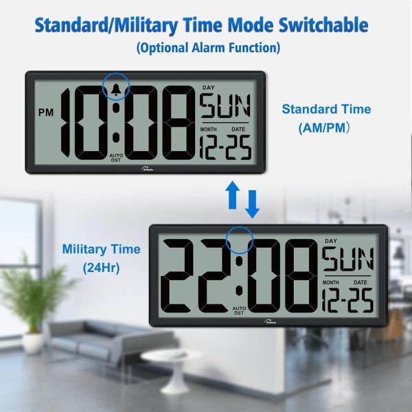 WallarGe 14.5'' Large Digital Wall Clock Battery Operated with Jumbo Numbers, Temperature and Date - Easy to Read and Set, Auto DST - Image 4